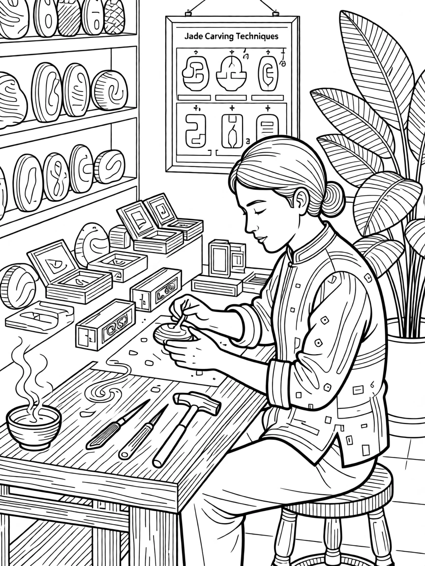 A jade carver working at a small workbench.