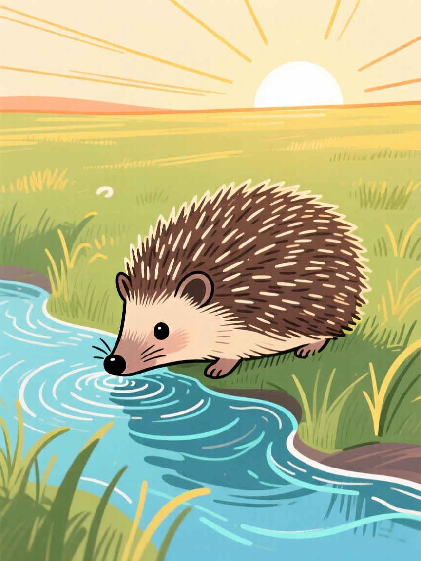 A small hedgehog drinking from a stream in a sunlit meadow at sunrise.