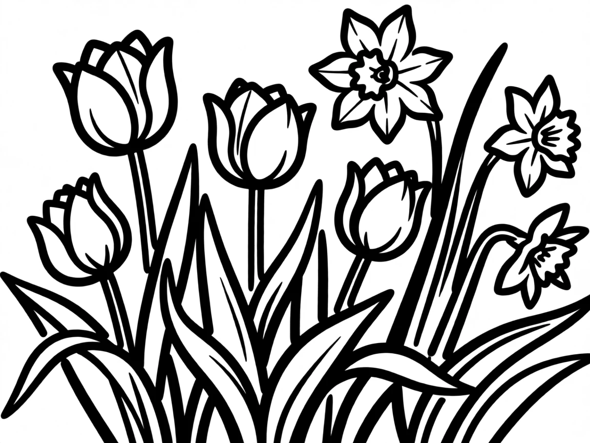 A spring garden bursting with blooming tulips and daffodils.