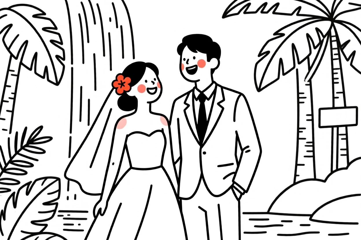 A bride and groom, laughing joyfully, by a waterfall in the jungle.