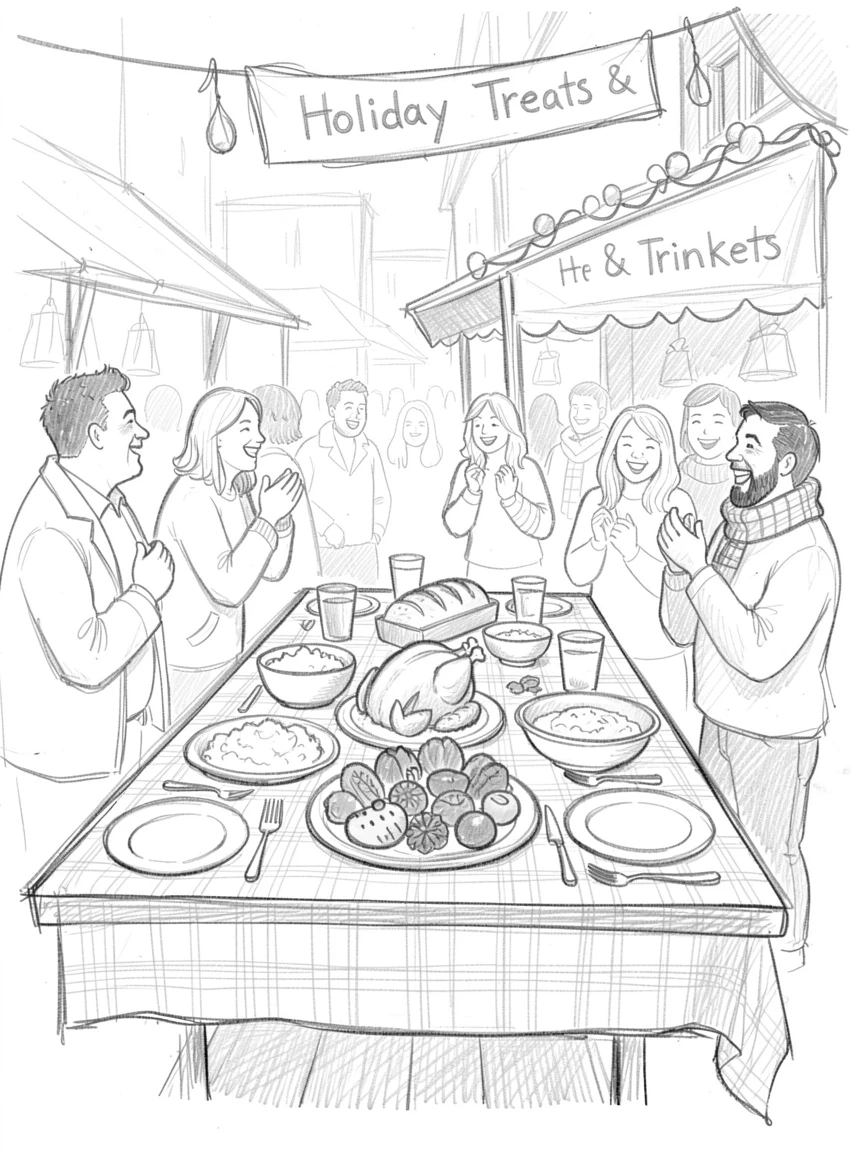 A joyful holiday moment: a table set for a festive holiday feast in a bustling holiday market, with laughter and joy filling the scene.