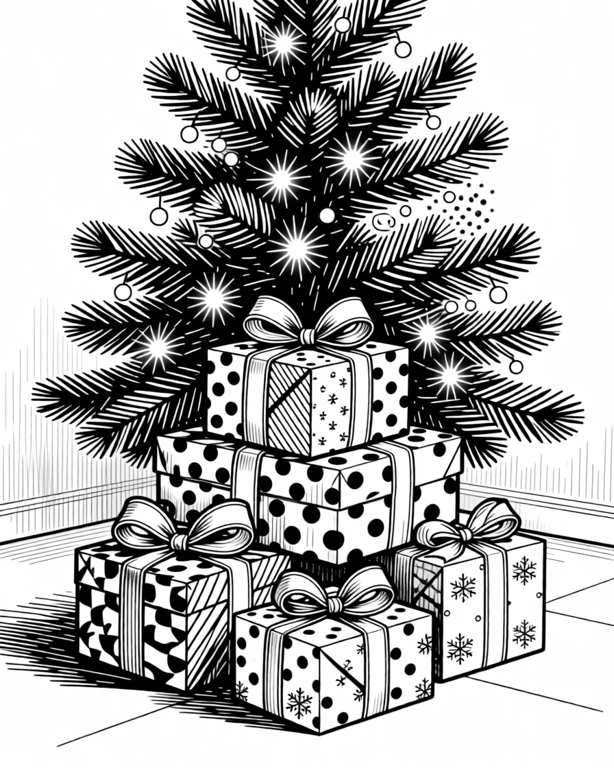 A beautifully wrapped stack of presents beneath a twinkling Christmas tree.