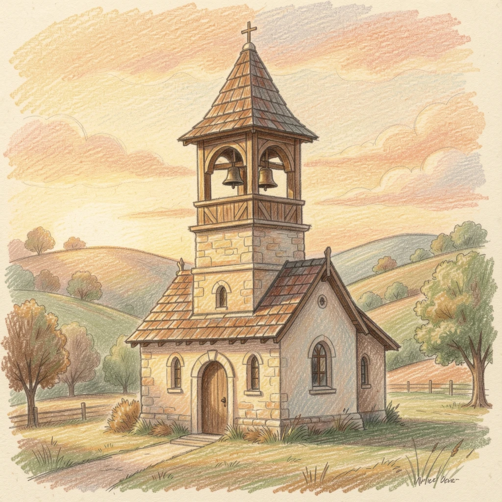 A quiet countryside chapel bell tower at golden hour, framed thoughtfully to draw the eye toward the central subject, designed to feel inviting, memorable, and shareable.
