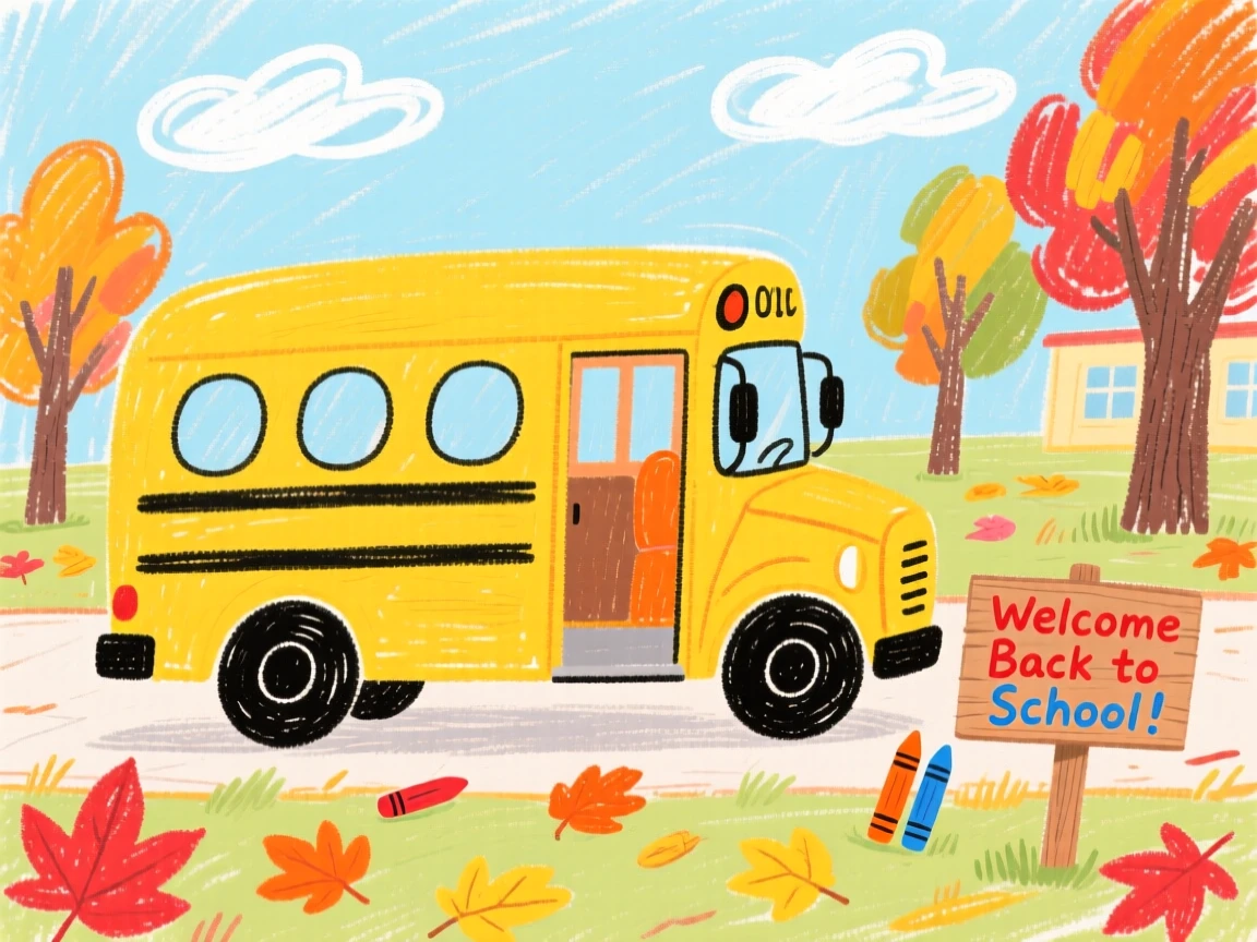 A classic yellow school bus parked beside an autumn schoolyard.