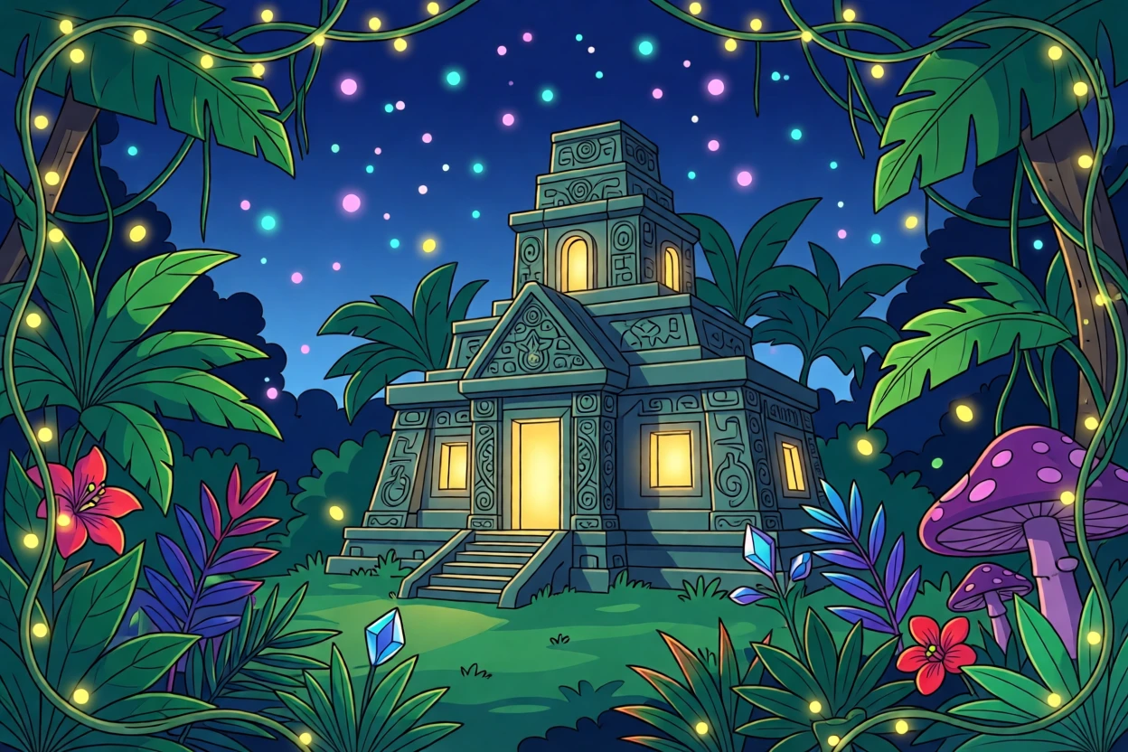 A hidden temple glowing softly deep within an enchanted jungle, set against a starry night sky filled with soft color, framed with a whimsical, imaginative composition, with rich jewel tones that evoke wonder and imagination.