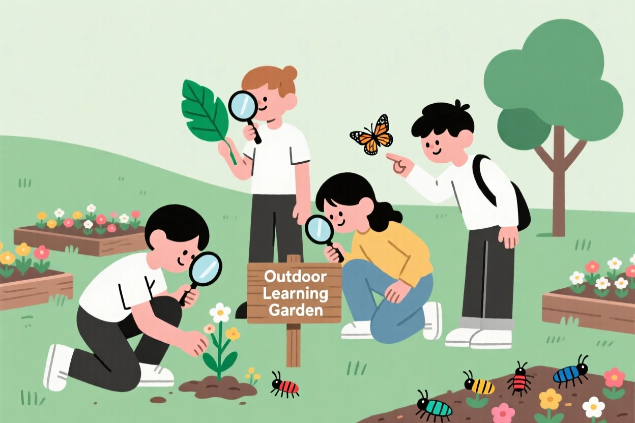 A group of students exploring with magnifying glasses in an outdoor learning garden.