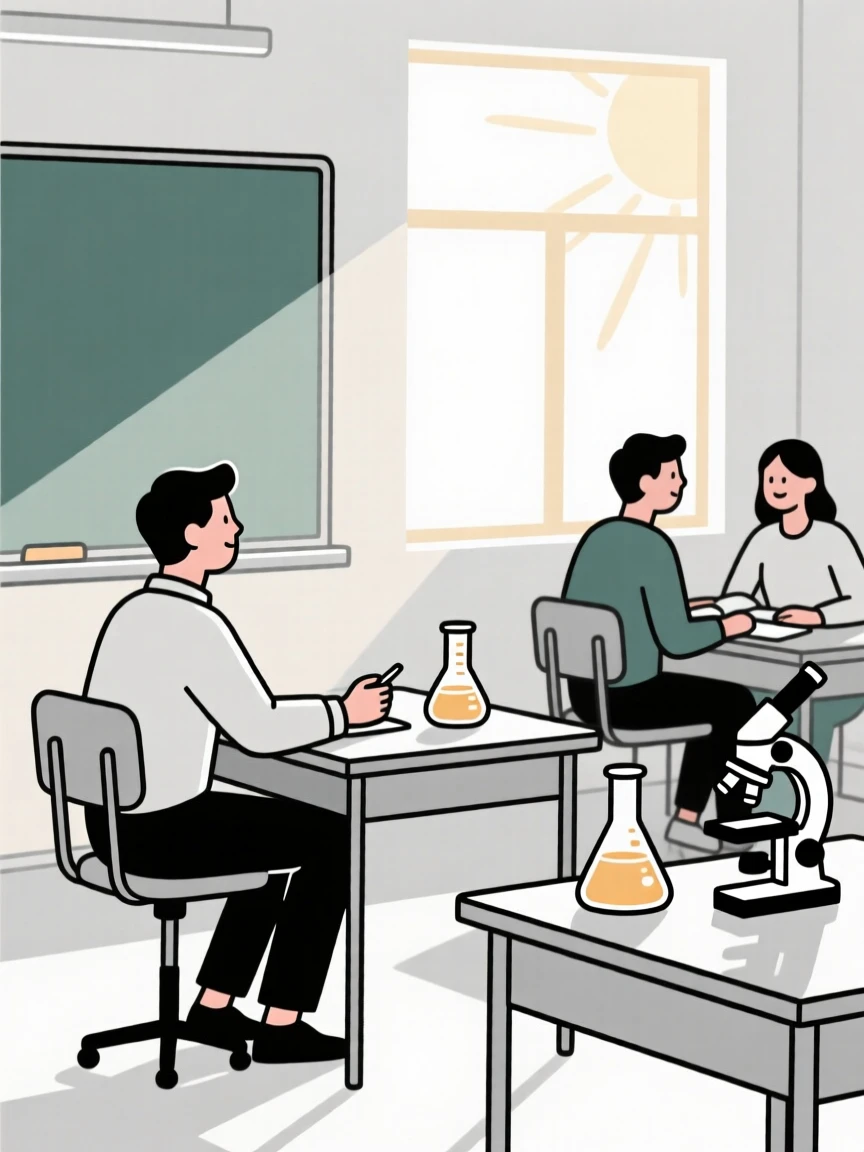 An entrepreneur at a startup desk collaborating with colleagues in a sunny classroom, near scientific instruments, full of creative problem-solving.