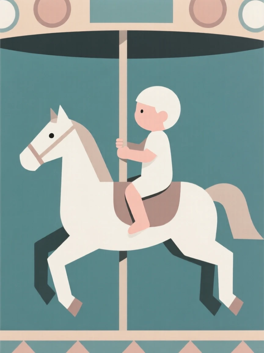 A young child riding a carousel horse