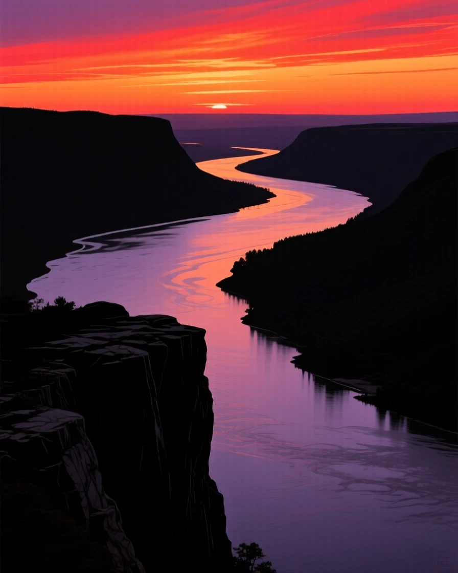 A dramatic overlook where two rivers merge into one wide, winding channel.