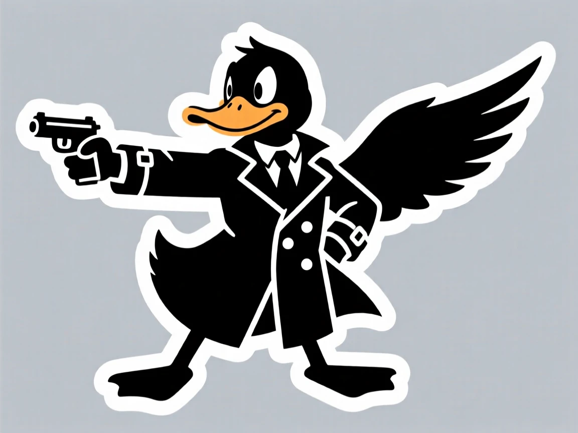A dynamically posed secret agent duck in a tiny trench coat, ready for the next big adventure, as part of a fun original story.