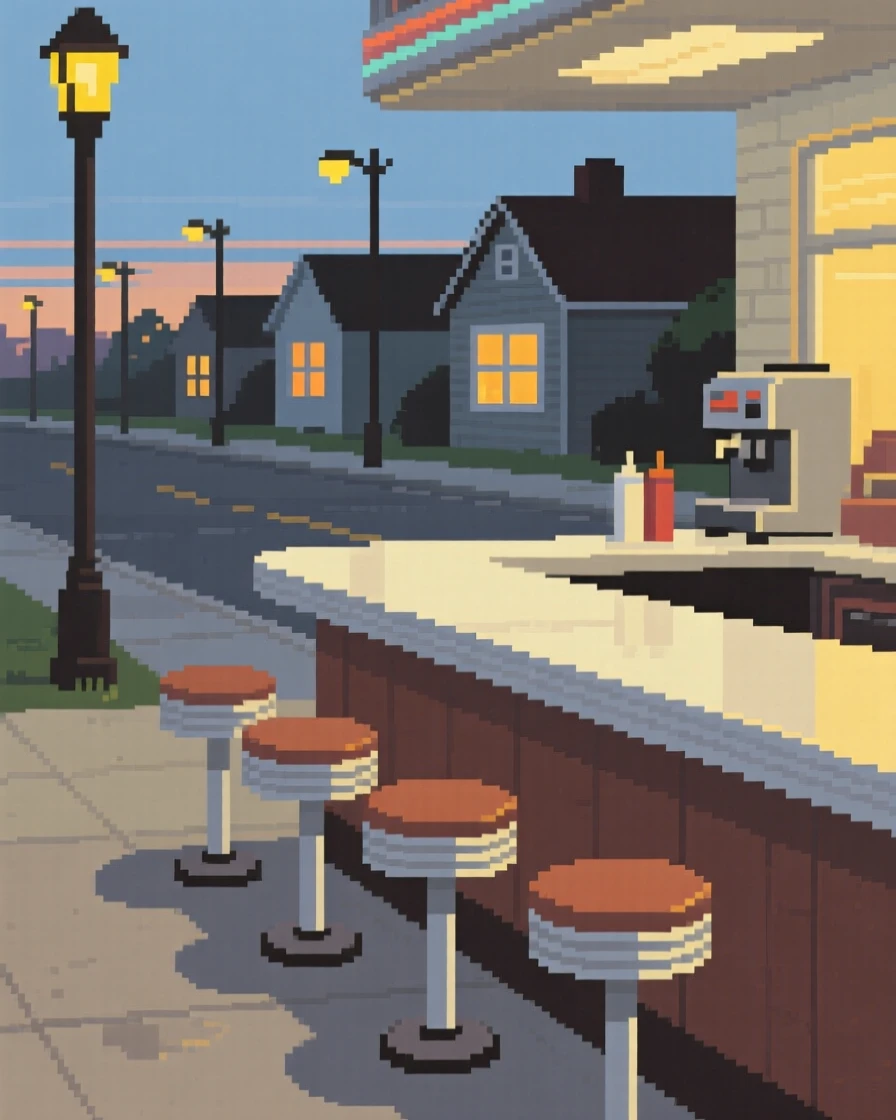 A diner counter with spinning stools gathered close as the streetlights flicker on, on a quiet suburban street in the 1980s.