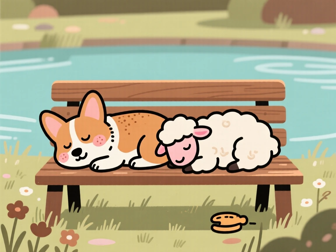 A corgi curls up beside a sleeping lamb on a garden bench, both worn out after an afternoon of playing fetch by the pond.