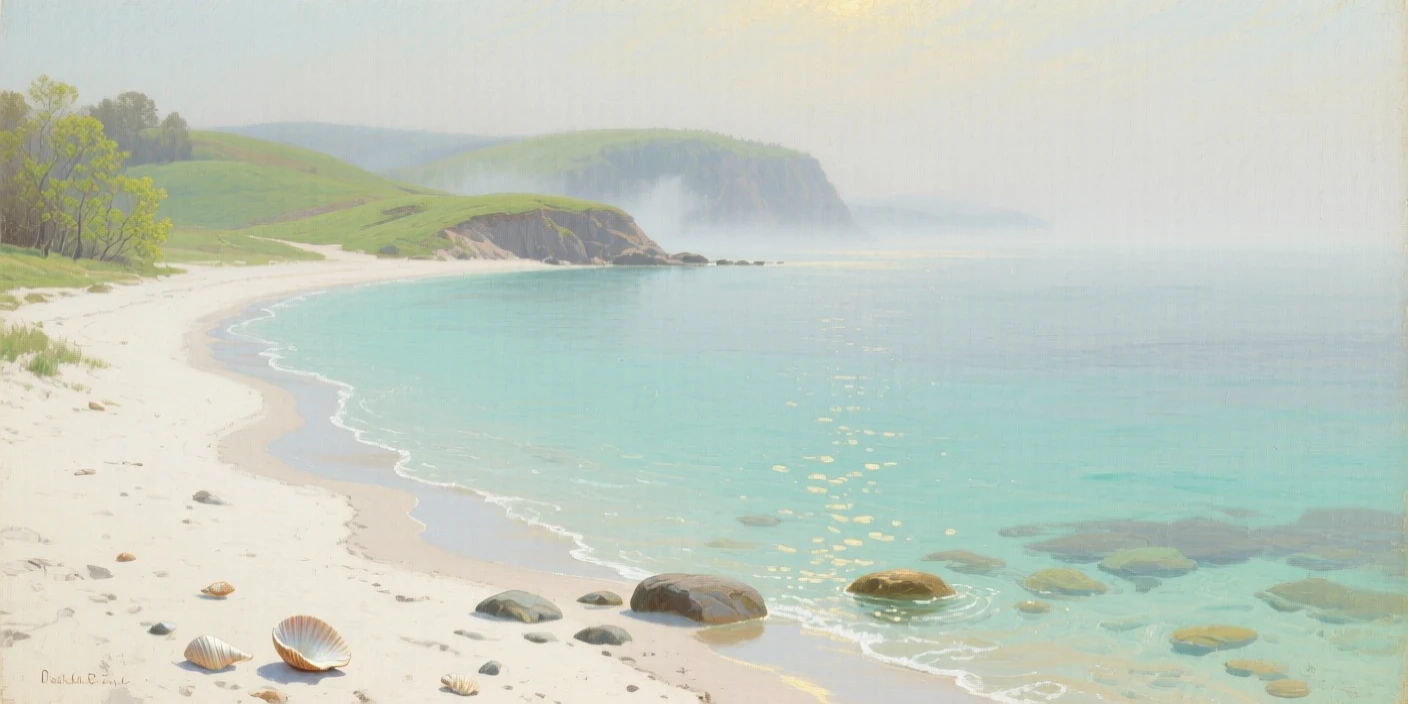 An expansive vista of a secluded cove with turquoise water lapping at white sand, in the American Midwest, in late spring, in a light morning mist.