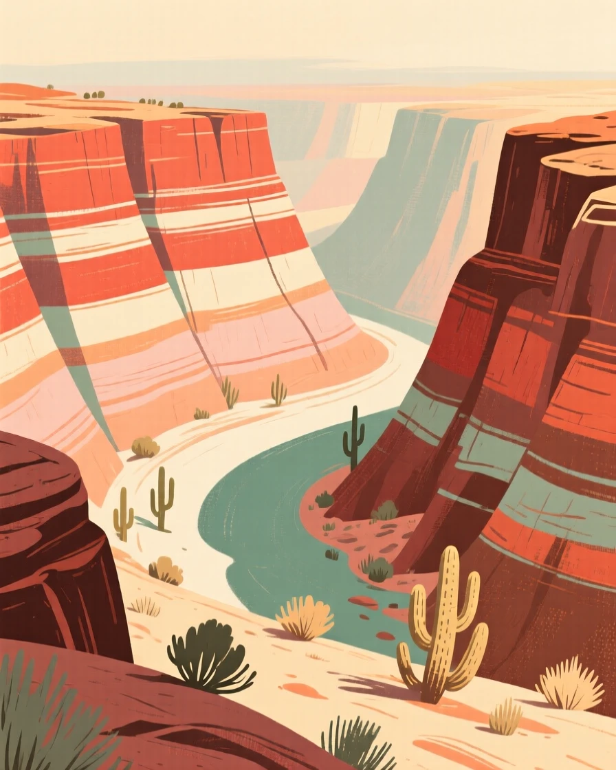 A sweeping desert canyon striped with layers of red and orange rock