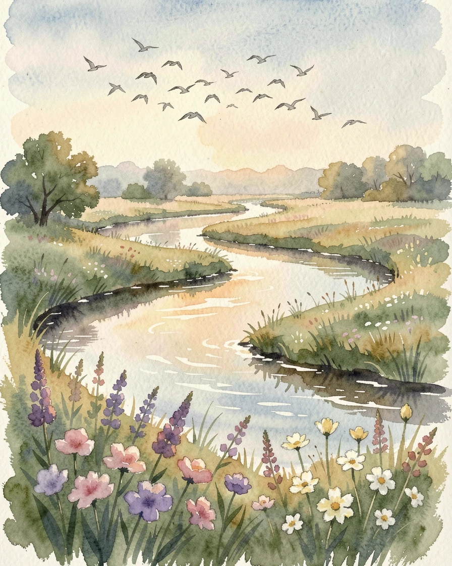 A winding river under a sky full of migrating birds with wildflowers scattered across the foreground.