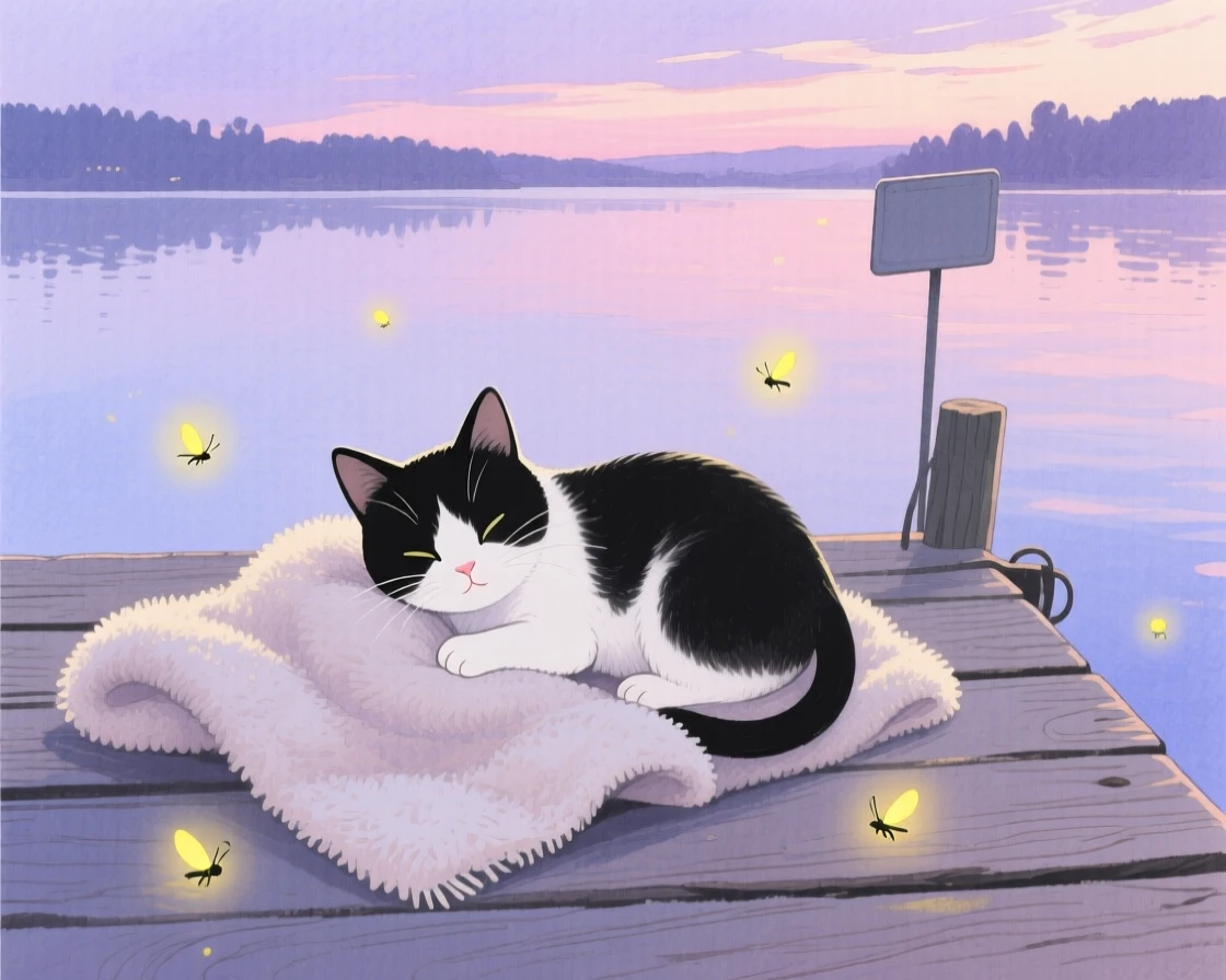 A tuxedo kitten nuzzles a soft blanket in a quiet lakeside dock, as fireflies begin to glow at dusk