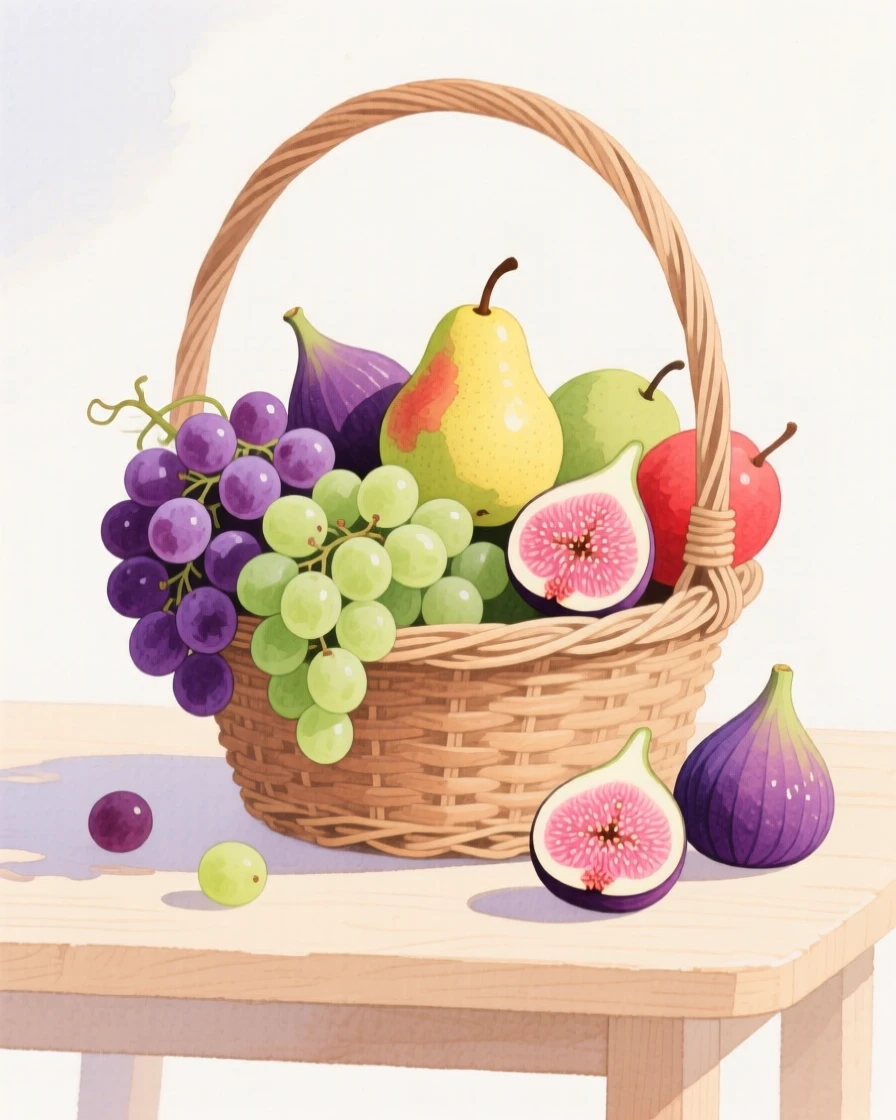 A delightful still life of a fruit basket bursting with grapes, pears, and figs.