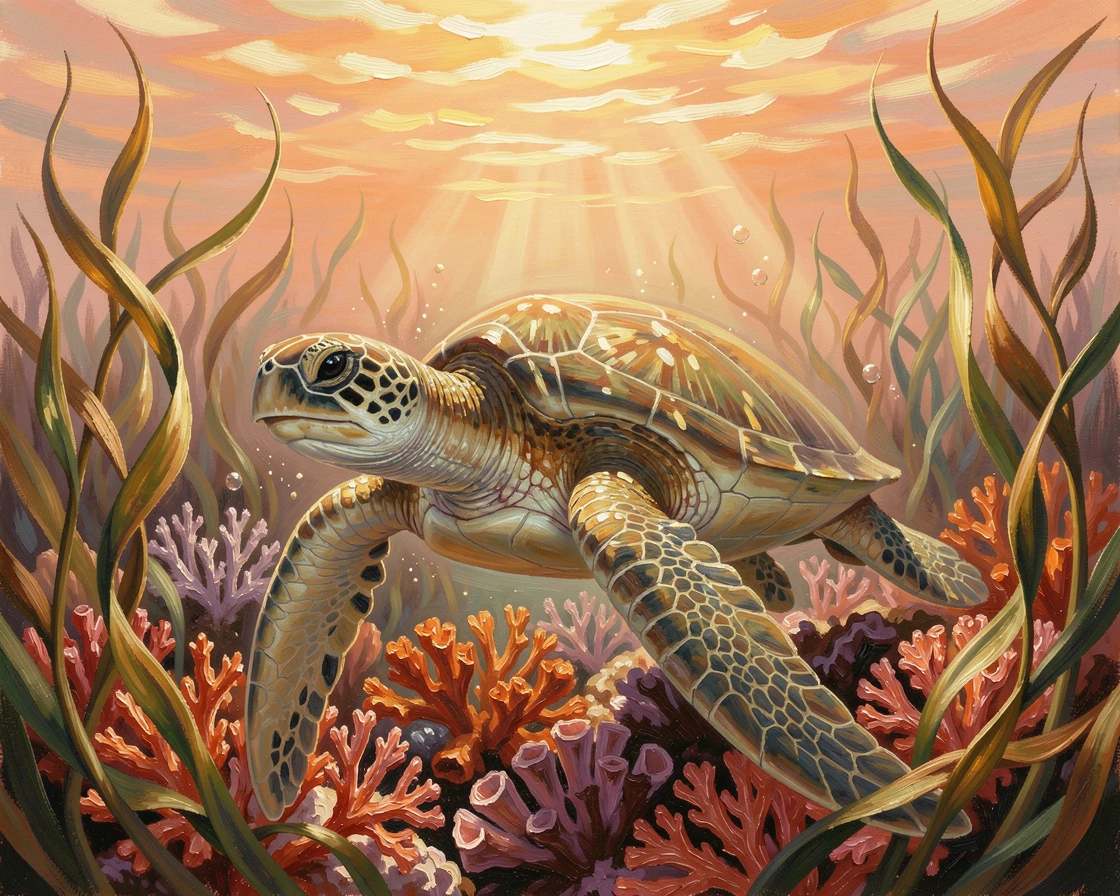 A graceful sea turtle gliding over a coral reef, through a forest of swaying kelp, light dancing across its glistening skin, with the surface glowing gold at sunset above.