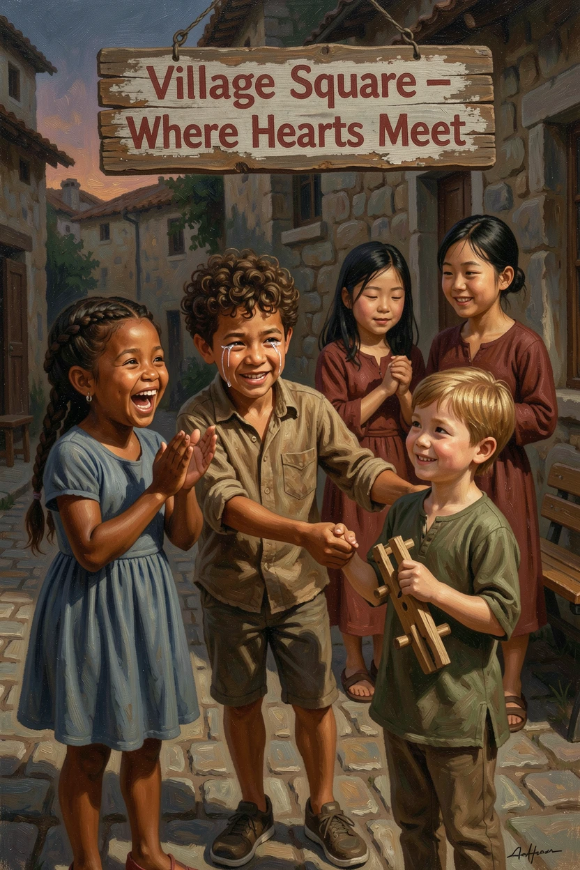 A group of children from different backgrounds playing joyfully together, with tears, laughter, or relief visible in vivid detail, radiating hope, gratitude, and heartfelt connection