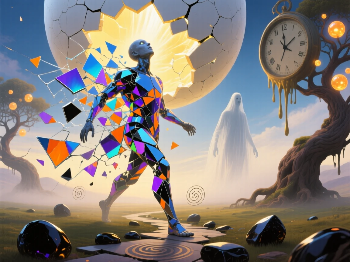 A figure made of shattered mirror fragments reassembling itself gazes upward at a sky splitting open like an eggshell, while a second, ghostly version of them lingers behind.