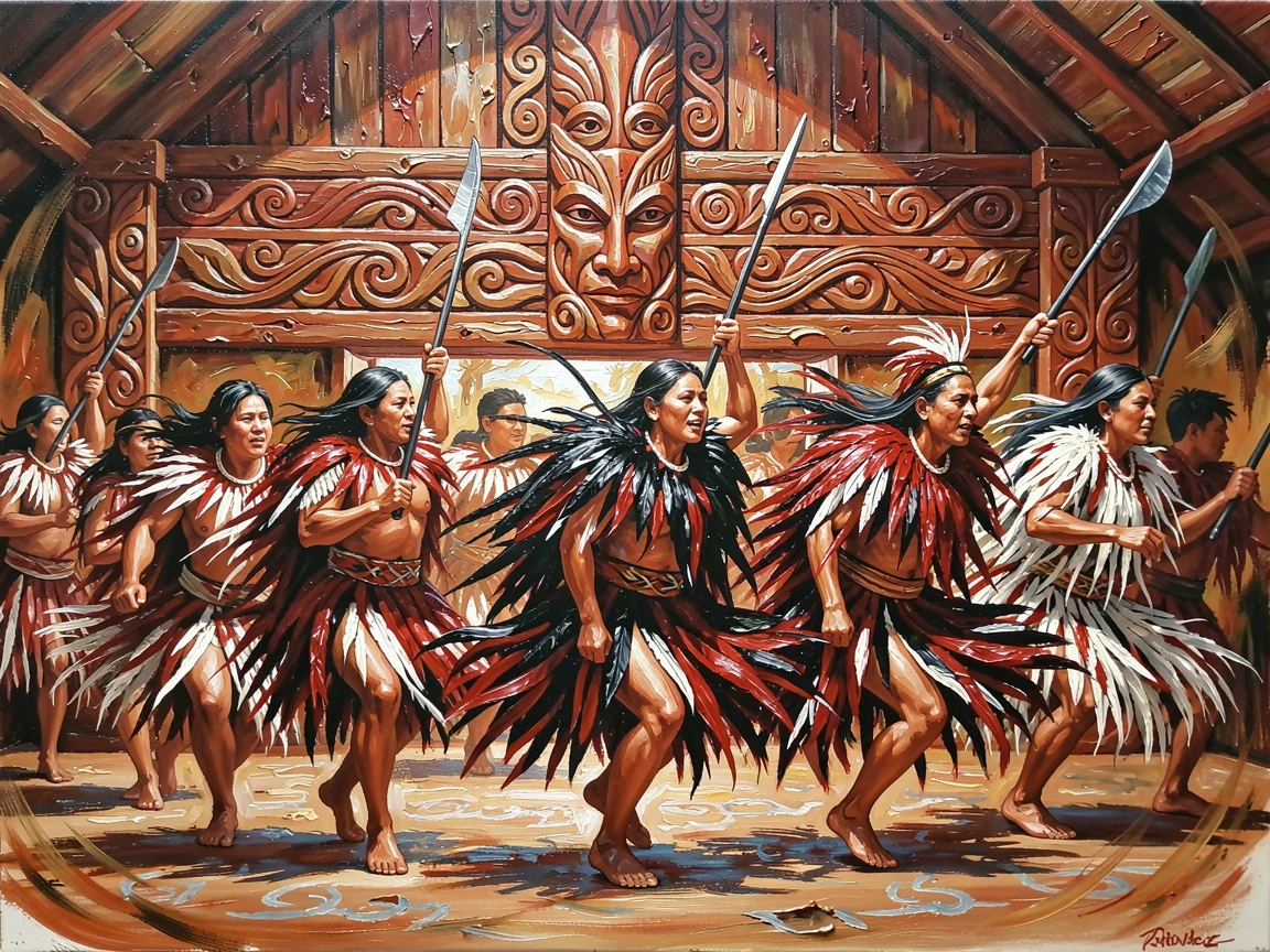 A traditional Maori cultural performance shows dancers in elaborate feathered cloaks performing beneath a carved wooden meeting house, the atmosphere charged with music, movement, and a shared sense of celebration.