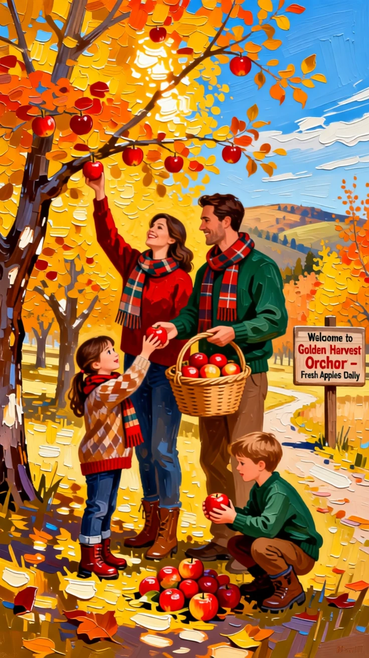 A family picking apples together in a golden orchard on a crisp fall afternoon