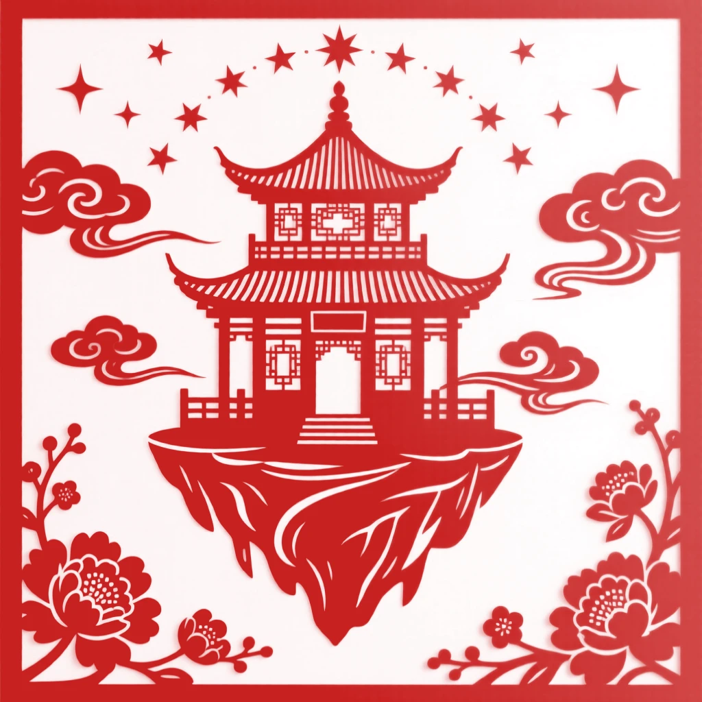 A floating island temple, spiraling upward toward a sky full of unfamiliar stars, radiating an otherworldly calm.