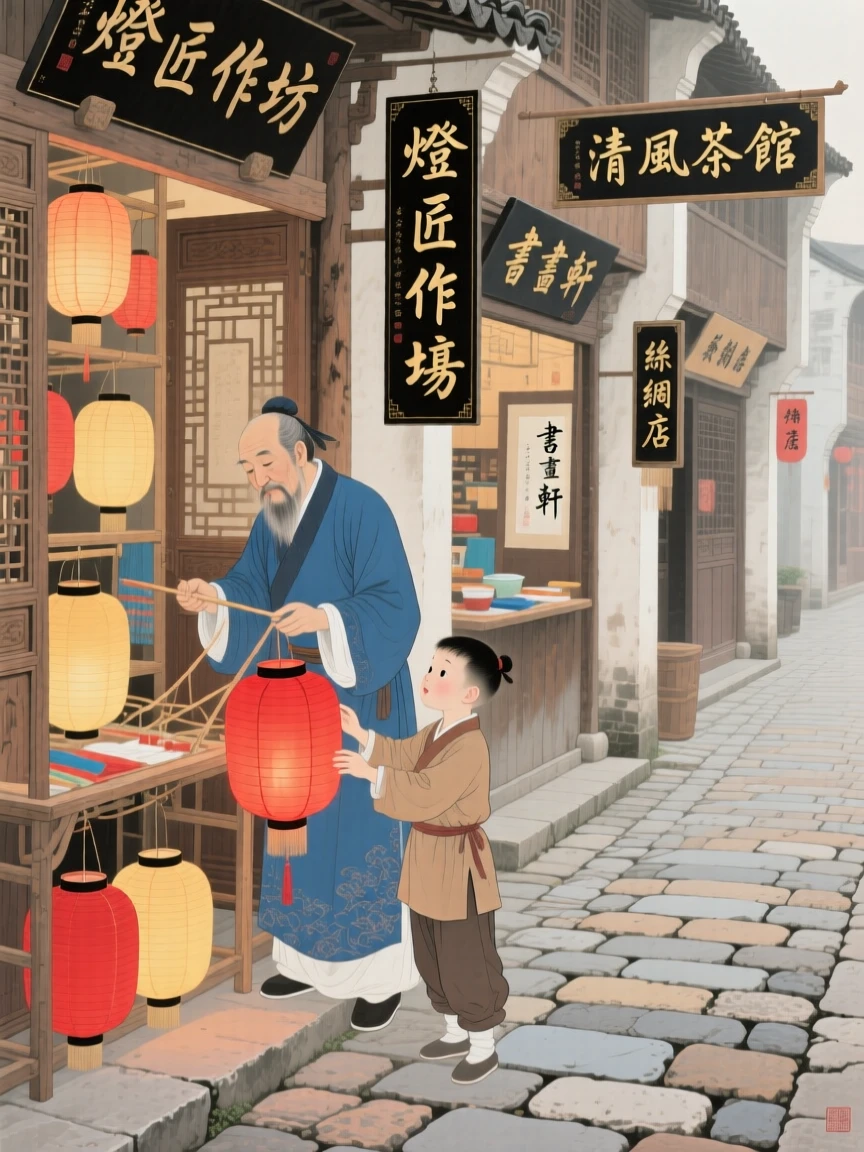 A lantern maker teaching a skill to an eager apprentice along a cobblestone street lined with shops