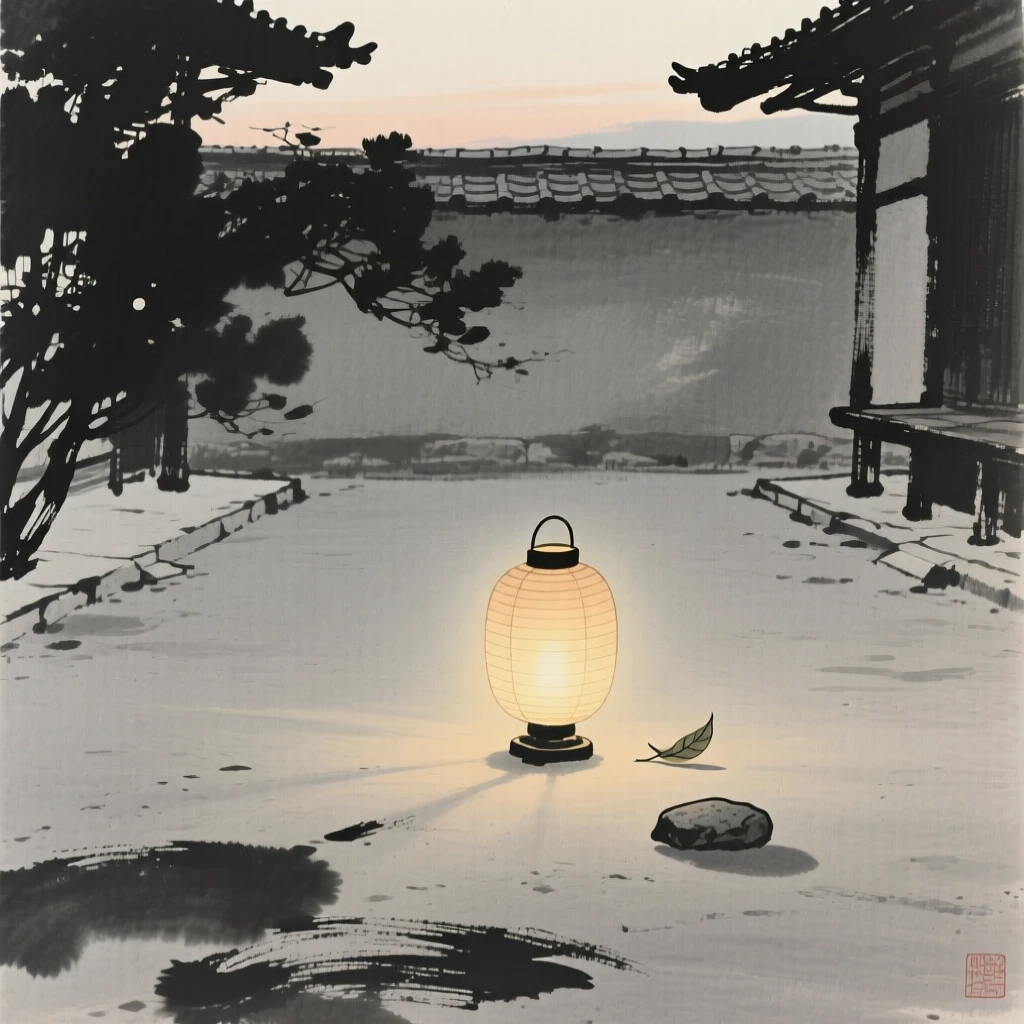 A single lantern glowing in an empty courtyard in the hush of early dawn, balanced with a single small detail against a quiet backdrop, evoking deep introspection and quiet solitude.