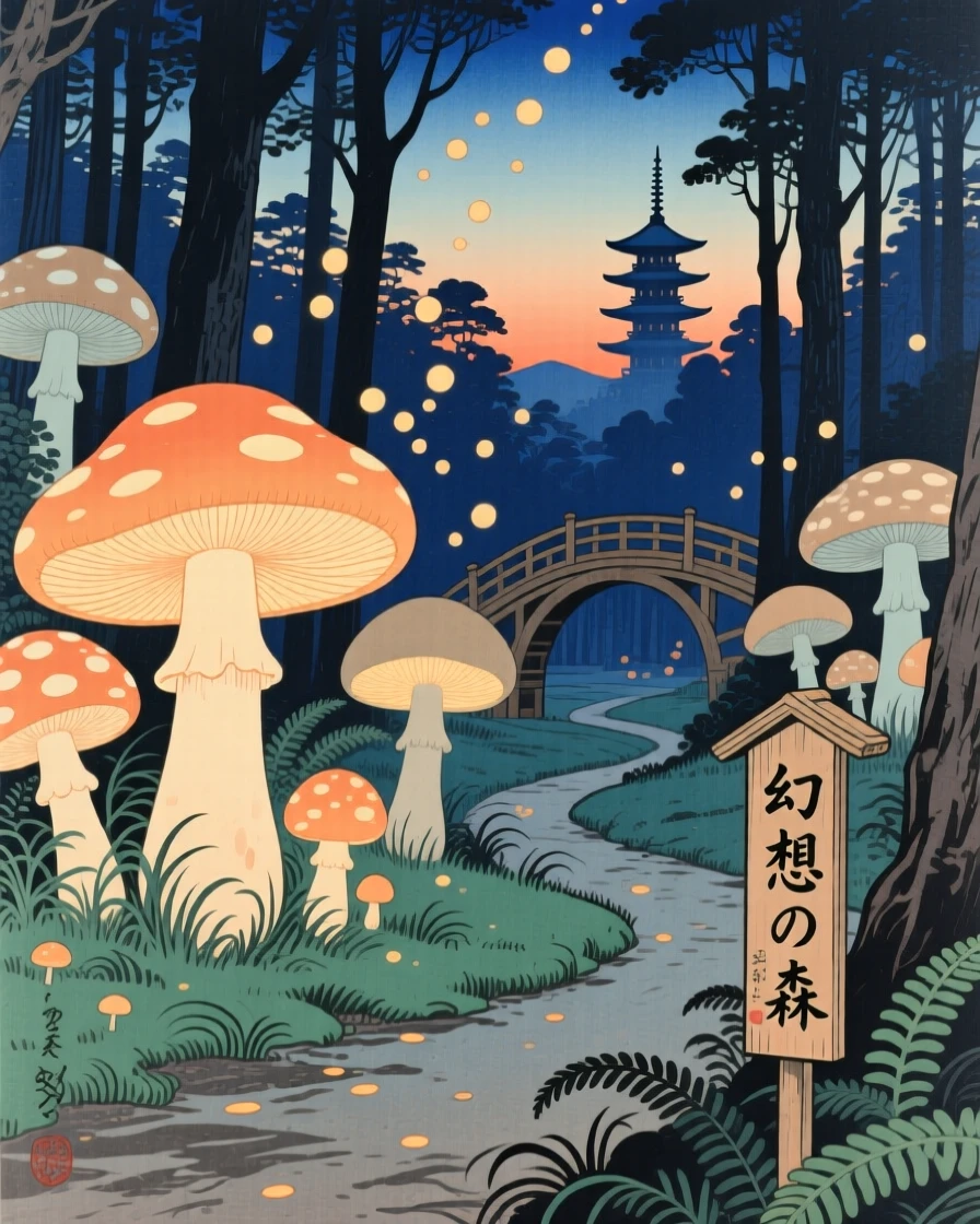 A forest of oversized glowing mushrooms, glowing warmly at twilight.