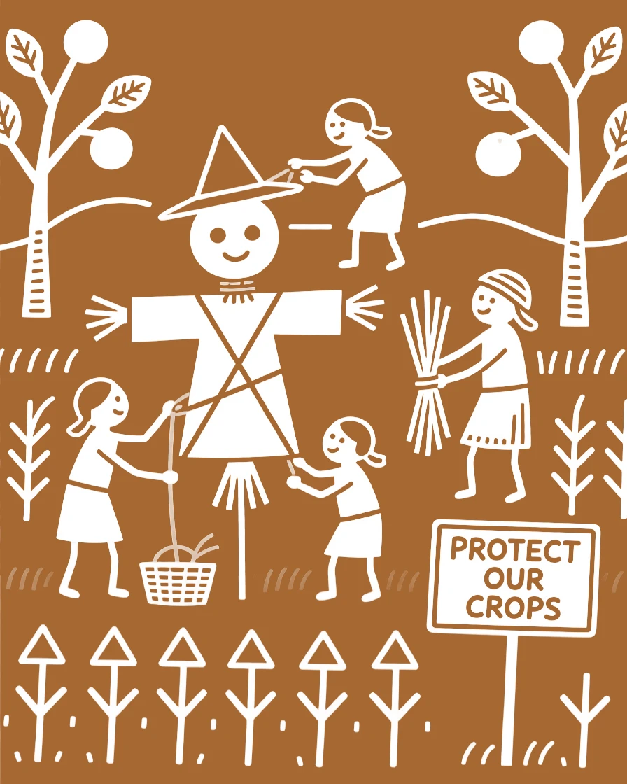 A farming family building a scarecrow to protect the crops.