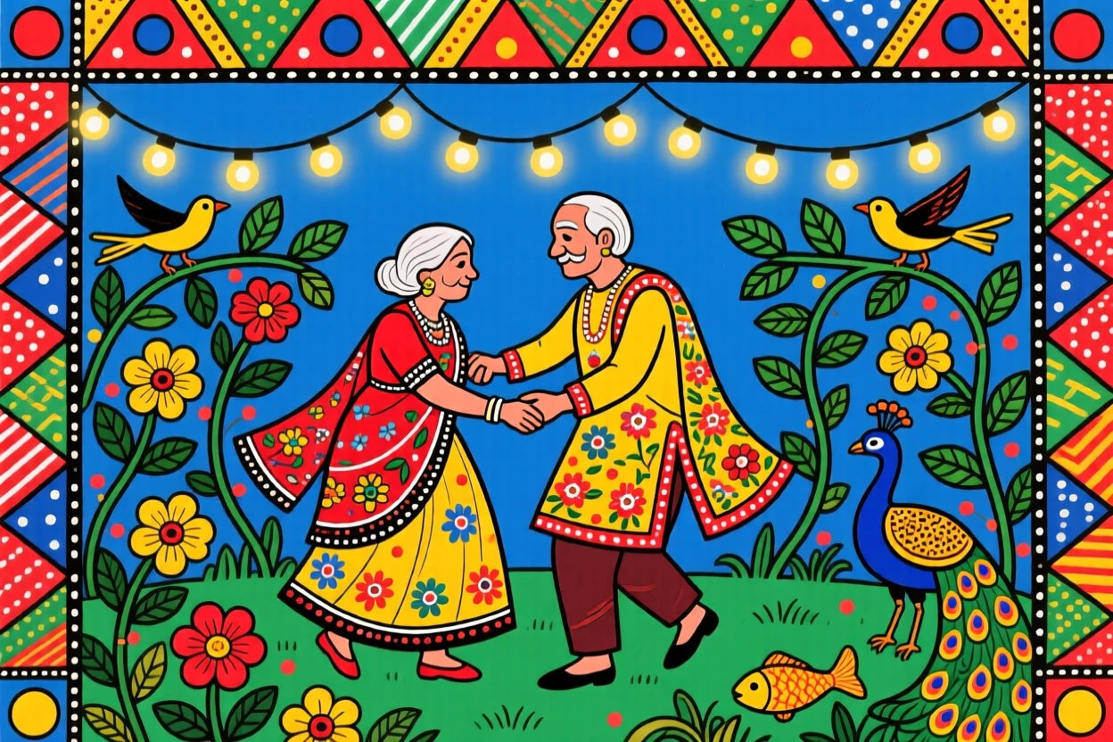 An elderly couple dancing slowly beneath string lights in their garden.