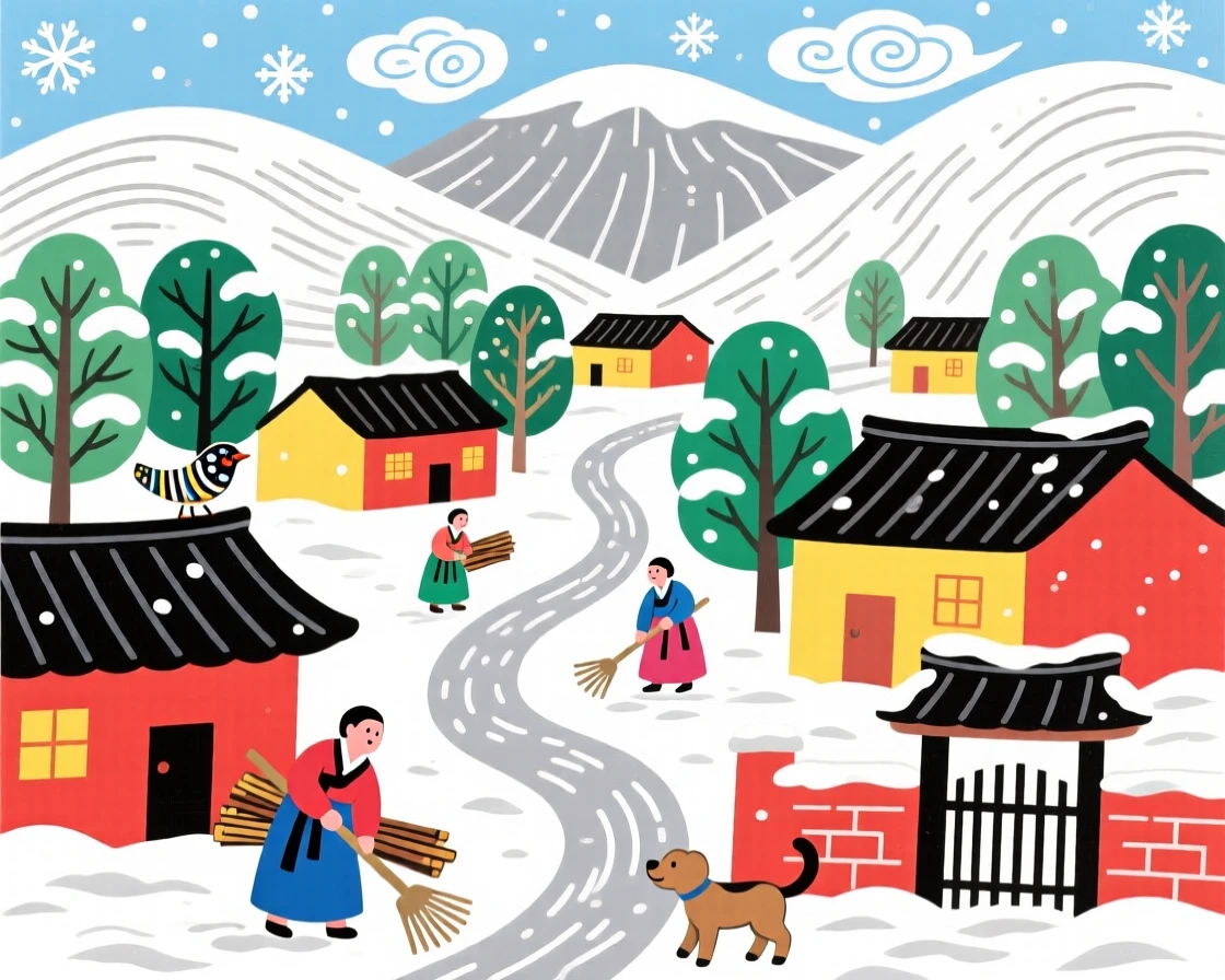 A view of a quiet mountain village during the first snow of winter.