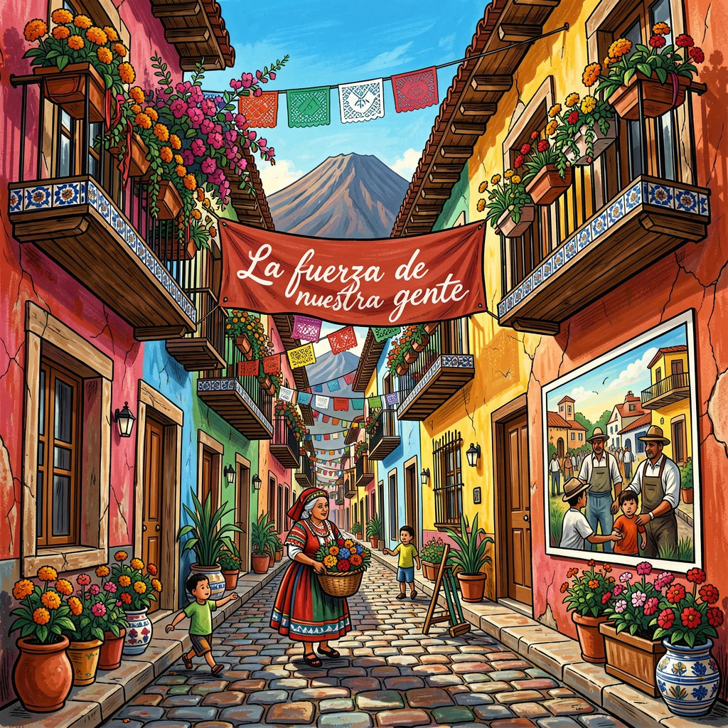 A narrow cobblestone street lined with flower-filled balconies