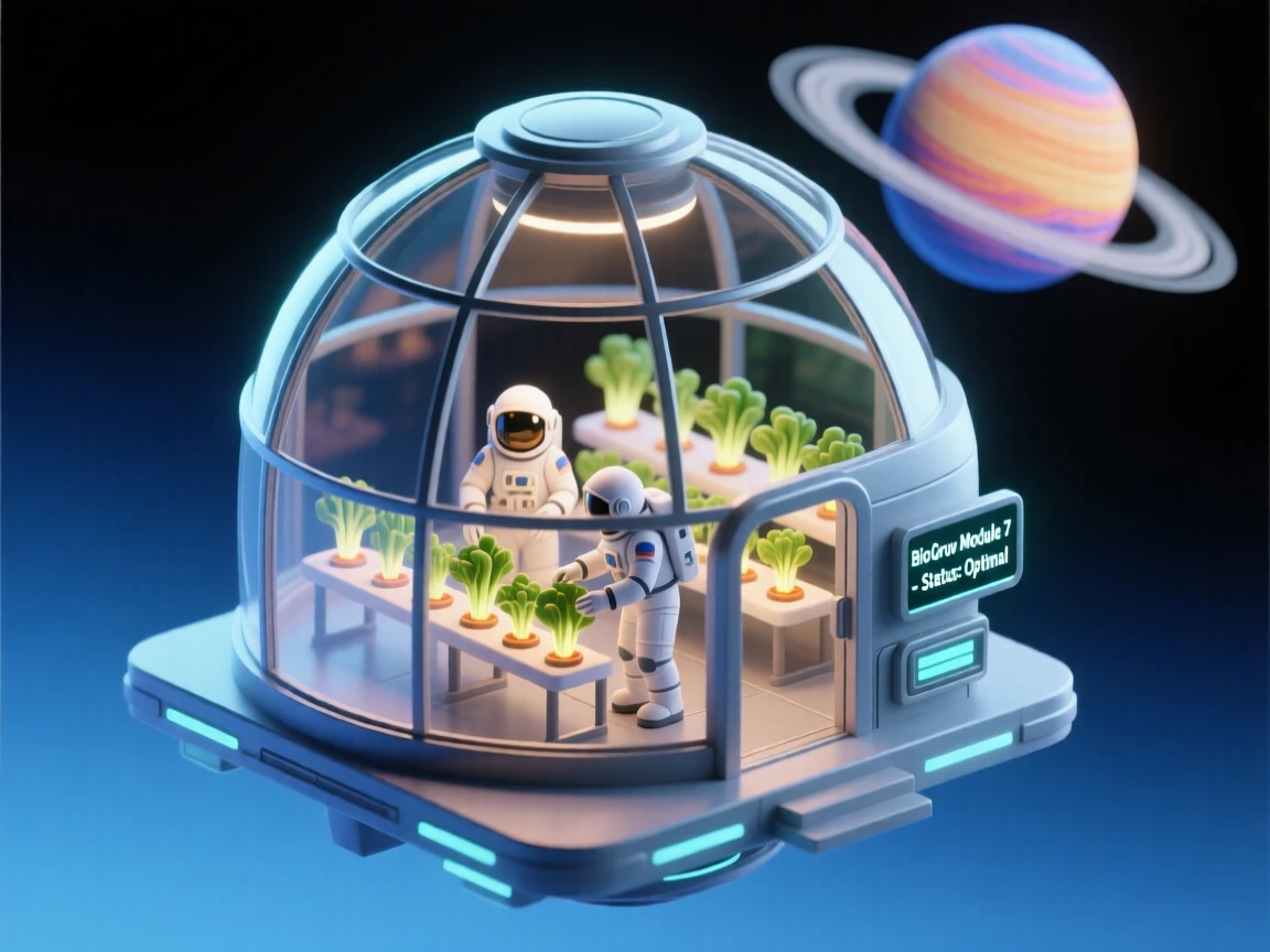 A space greenhouse orbiting a ringed planet, astronauts tending rows of glowing vegetables in zero gravity.