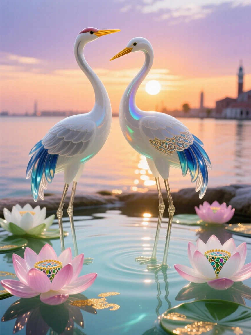 A pair of cranes standing together at the edge of a blossoming lotus pond at sunrise, elegant and sacred.