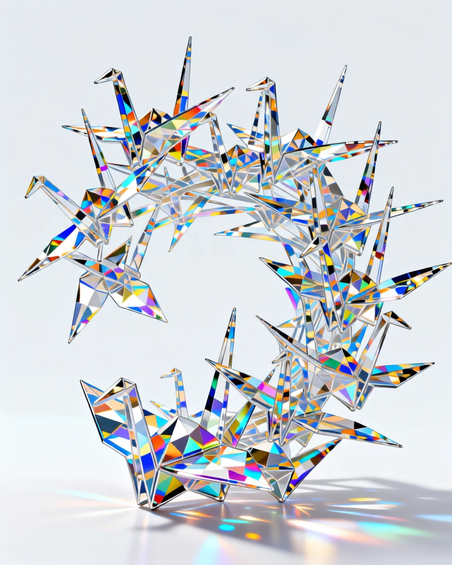 An abstract composition of interlocking origami cranes forming a spiraling flock.