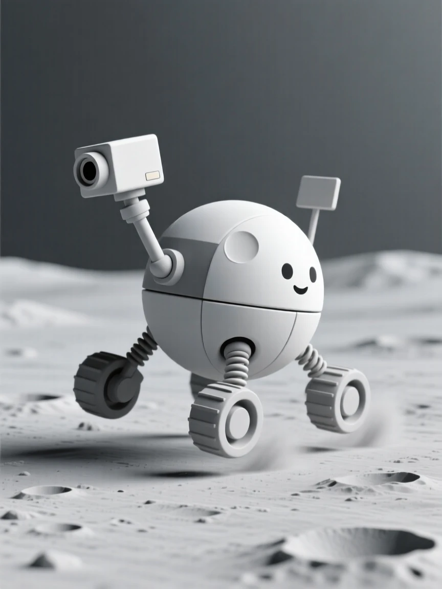 A playful moon rover robot bounces gently across gray lunar dust, camera arm swiveling curiously.