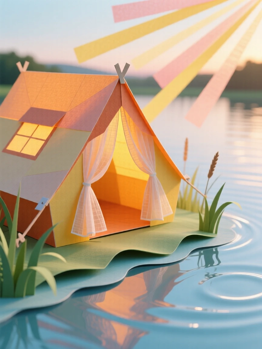 A glowing tent beside a calm lake bathed in soft morning light, with sheer curtains fluttering in the breeze, evoking cozy domestic warmth.