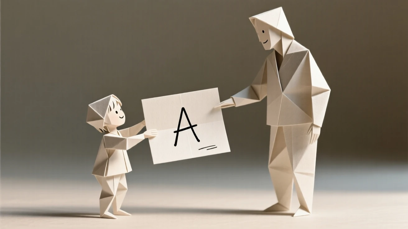 A child proudly showing a parent their first handwritten letter of the alphabet.