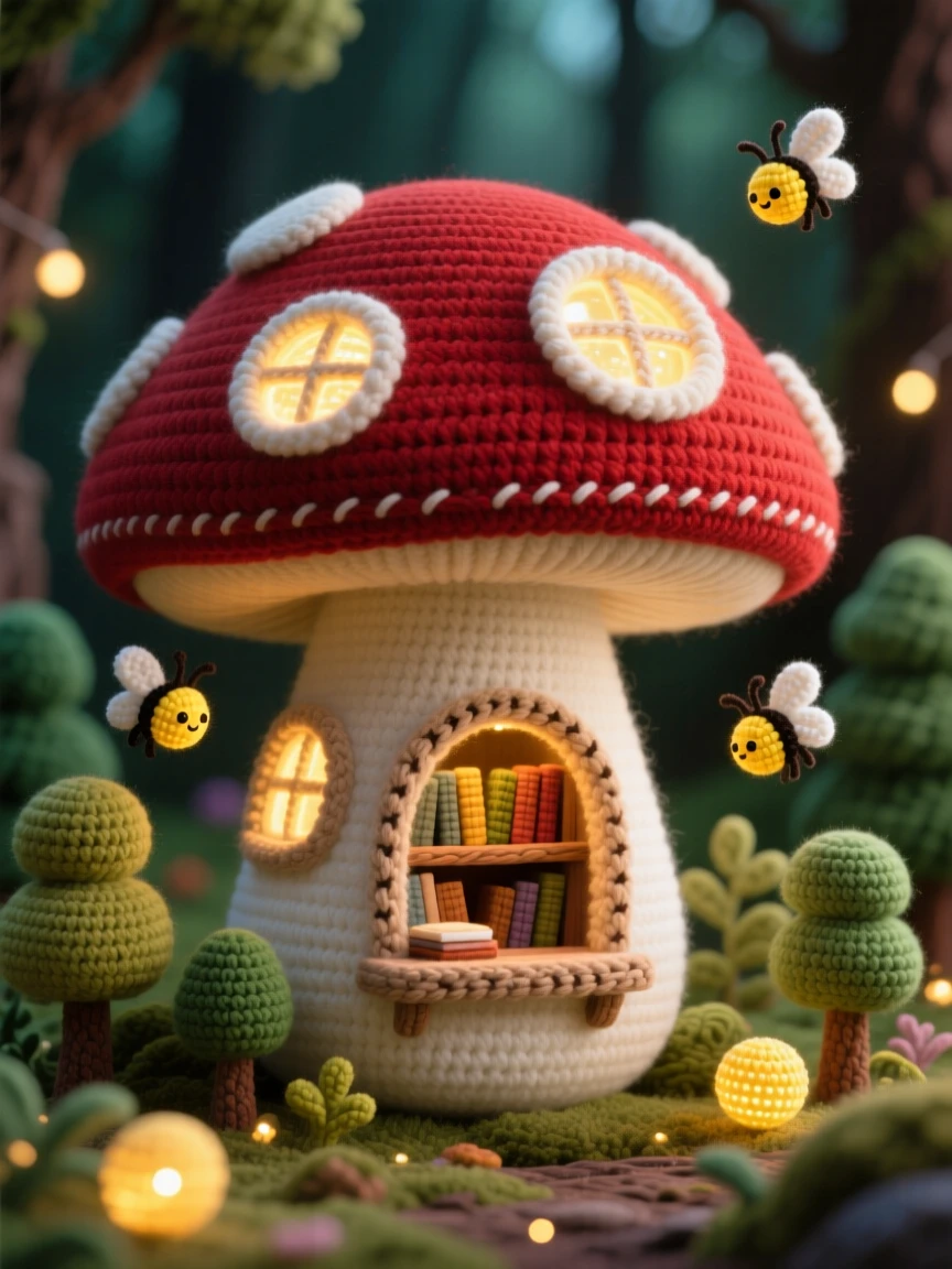 a tiny library built inside a giant mushroom, with glowing round windows, nestled deep within an enchanted forest, resting on a warm sunlit windowsill, with a scattering of tiny glowing lights, evoking a dreamlike, storybook charm.