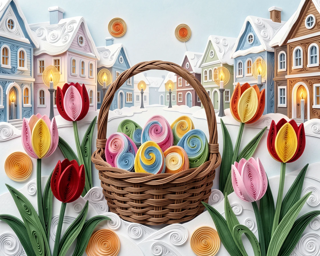 A festive holiday scene of a springtime Easter basket nestled among tulips in a snow-covered village square, with soft candlelight flickering throughout the scene, arranged symmetrically for a balanced festive feel.