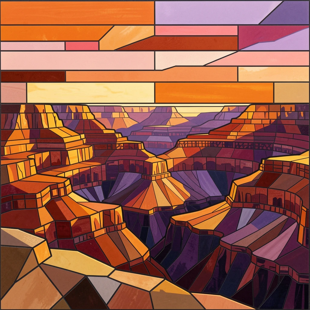 A dramatic view of the Grand Canyon layered in warm sunset colors.