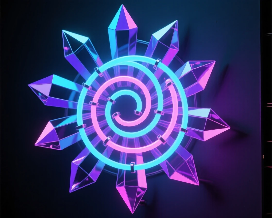 A cluster of floating geometric crystals arranged in a spiraling pattern.