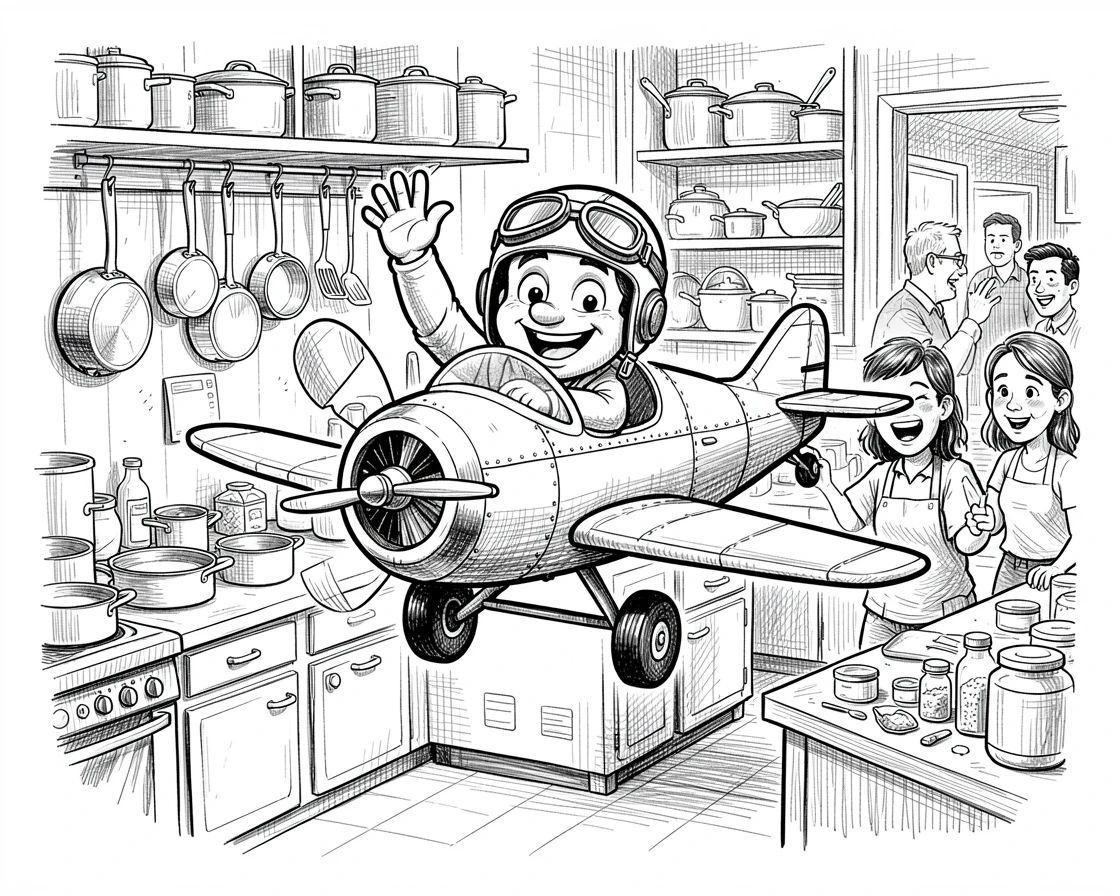 A pilot waving from the cockpit of a small plane in a bustling downtown kitchen.