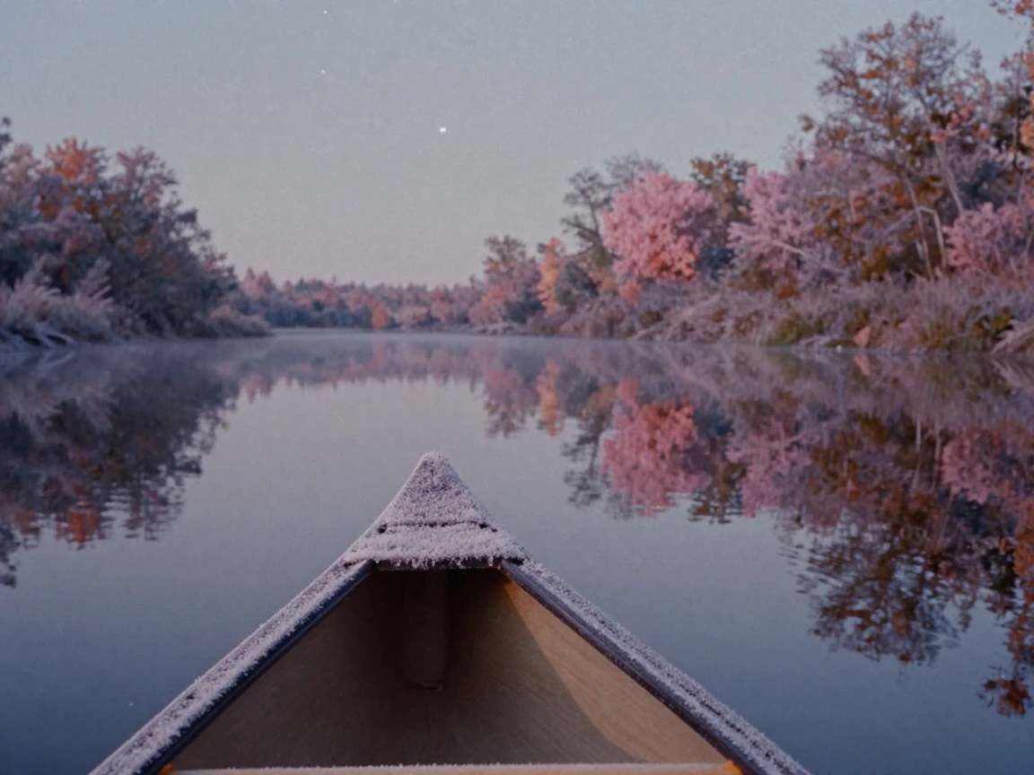 A canoe gliding silently across a mirror-calm river, under a canopy of stars, with frost coating every surface, in the mild days of early autumn, in soft muted pastels, in a tight close-up.