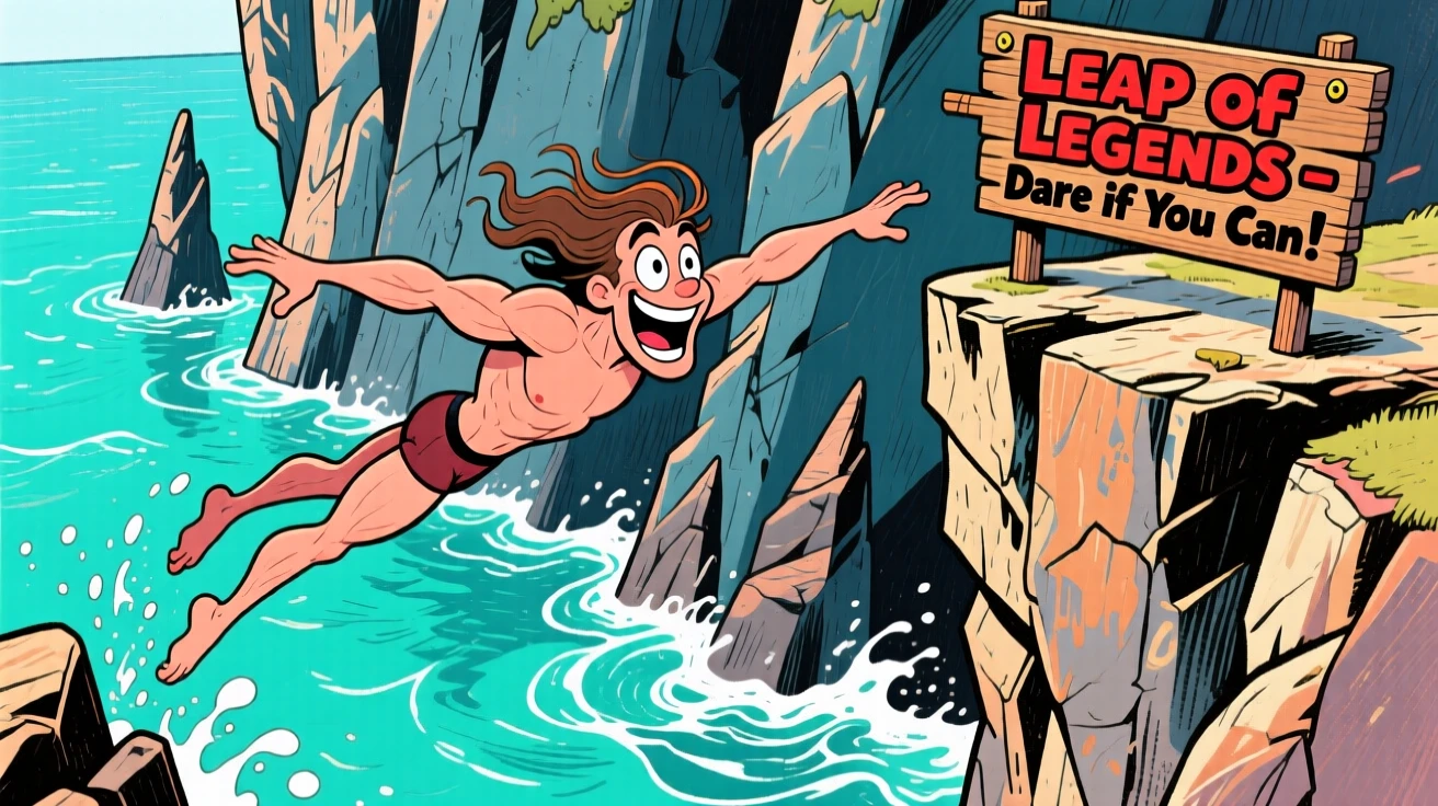 A daring cliff diver leaping from a towering rock formation into turquoise waters.