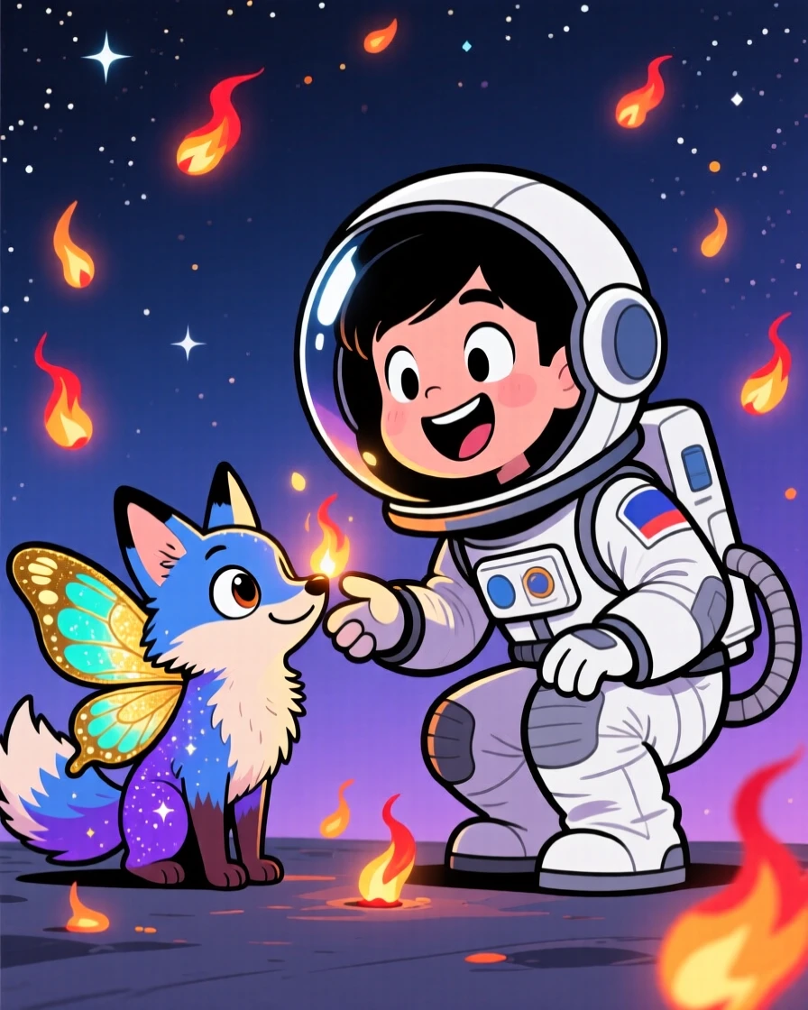 An imaginative fantasy scene of a young astronaut befriending an unlikely magical creature, surrounded by drifting glowing embers.