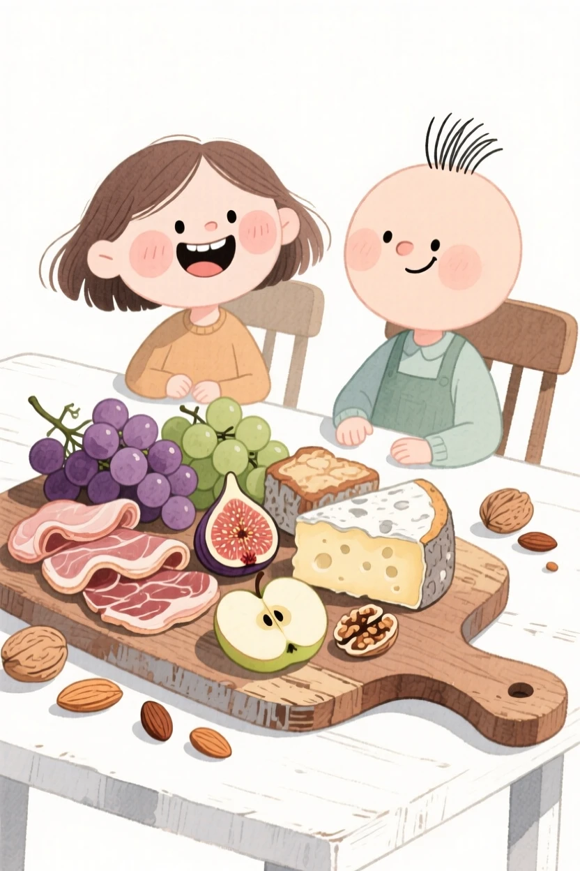 A cozy, appetizing, rustic and comforting scene of a charcuterie board artfully arranged with fruits and nuts