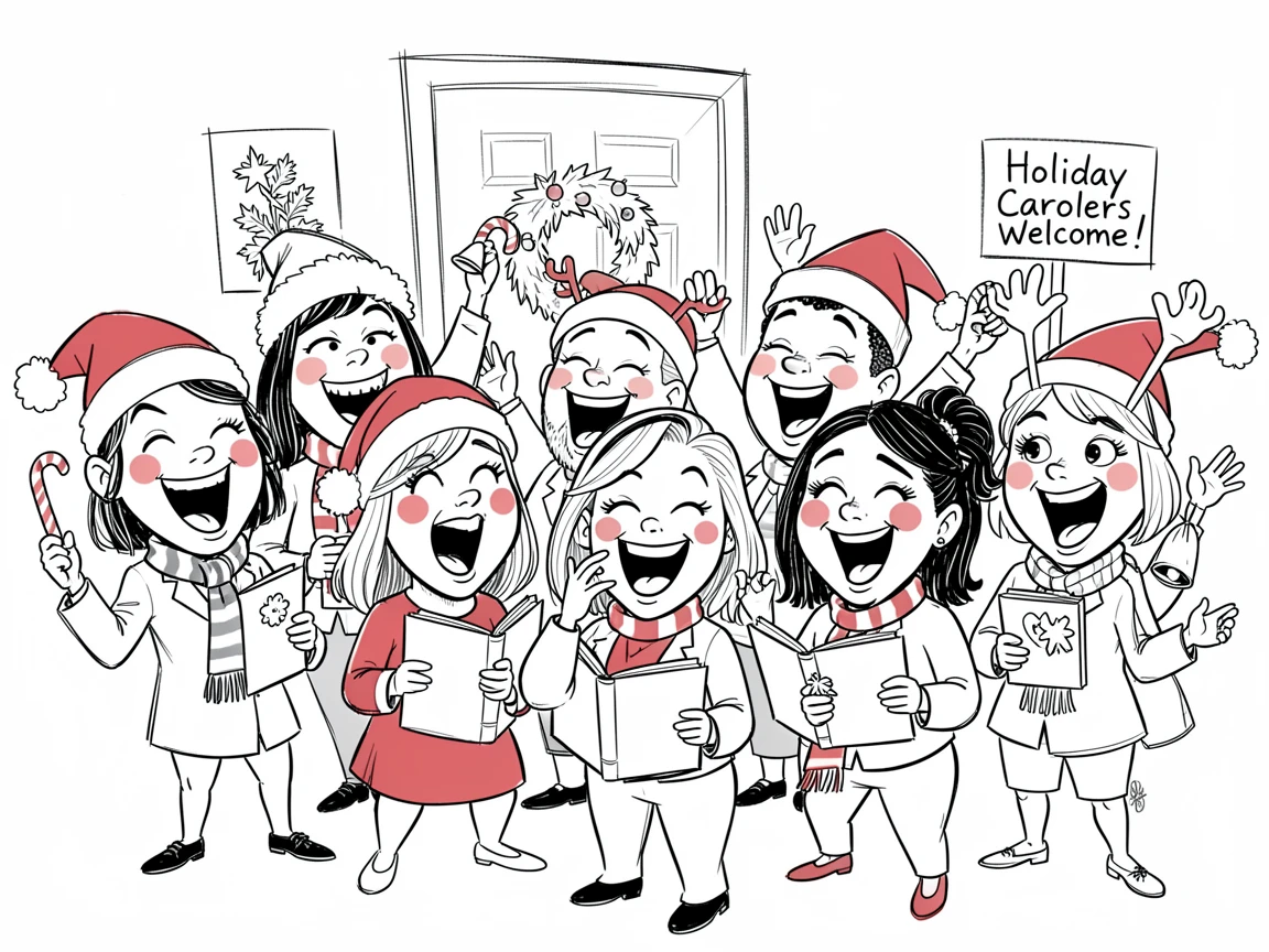 [Seasonal Holidays & Celebrations] Festive scene of a festive office holiday party singing carols door to door, full of celebration and joy